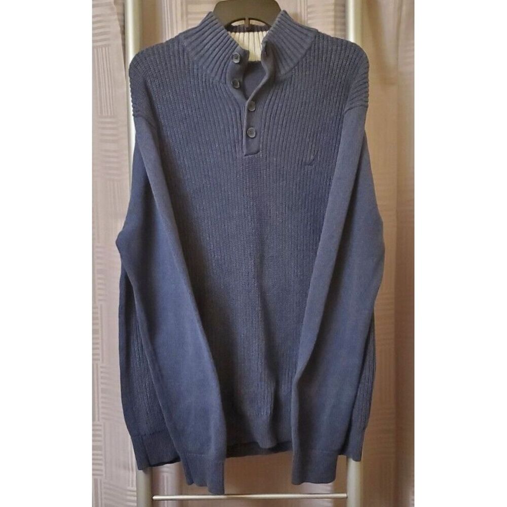 Large Nautica Sweater Mens Navy Blue Shawl Collar 4 Button Cotton Winter Preppy